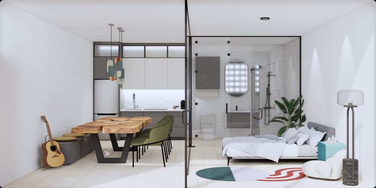 1 Bedroom - Interior View with Clear Glass